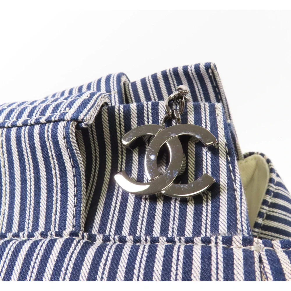 5396 - Chanel Canvas CC Striped Tote Bag Ginpaku Hand Stitched